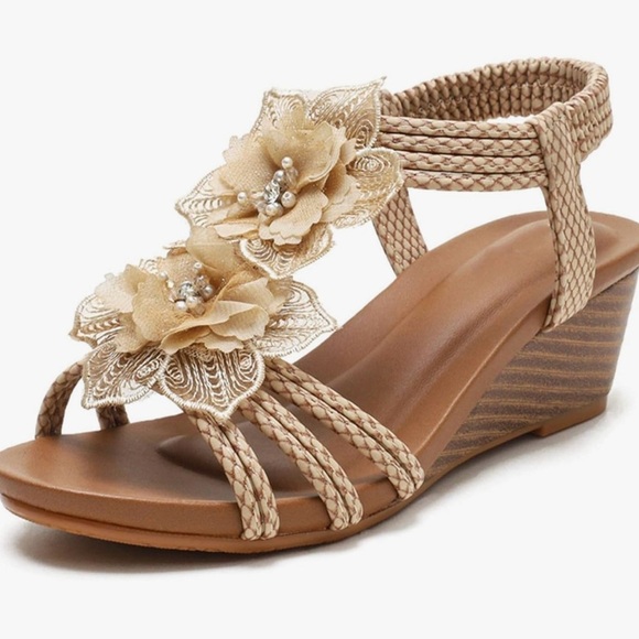 Tan Wedge Sandals with Floral Accents - Picture 1 of 6